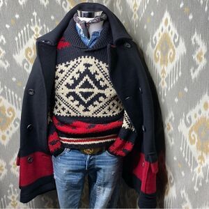Polo Ralph Lauren Merino Wool Black & Red Double Breasted Top Over Pea Coat